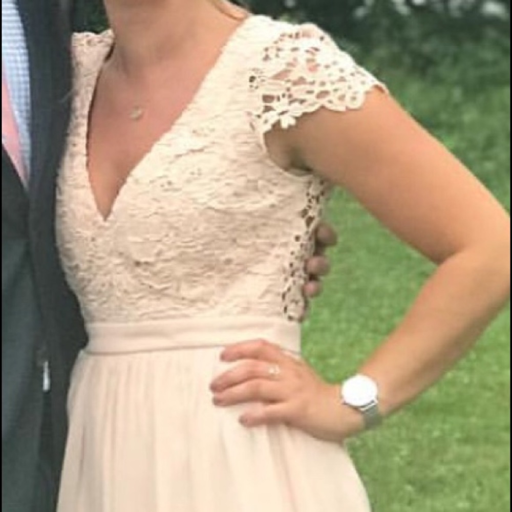 Soft pink lace v-neck bodice gown